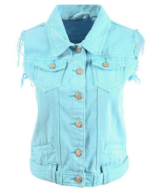 Turquoise denim vest sleeveless jacket by CosmikDebrisClothing