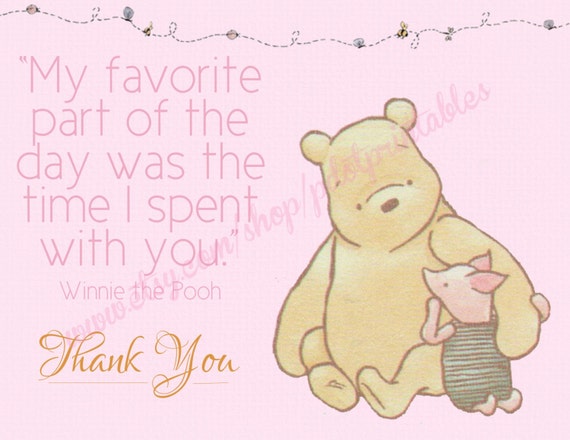 Pink Classic Winnie the Pooh Thank You Card - Instant Download