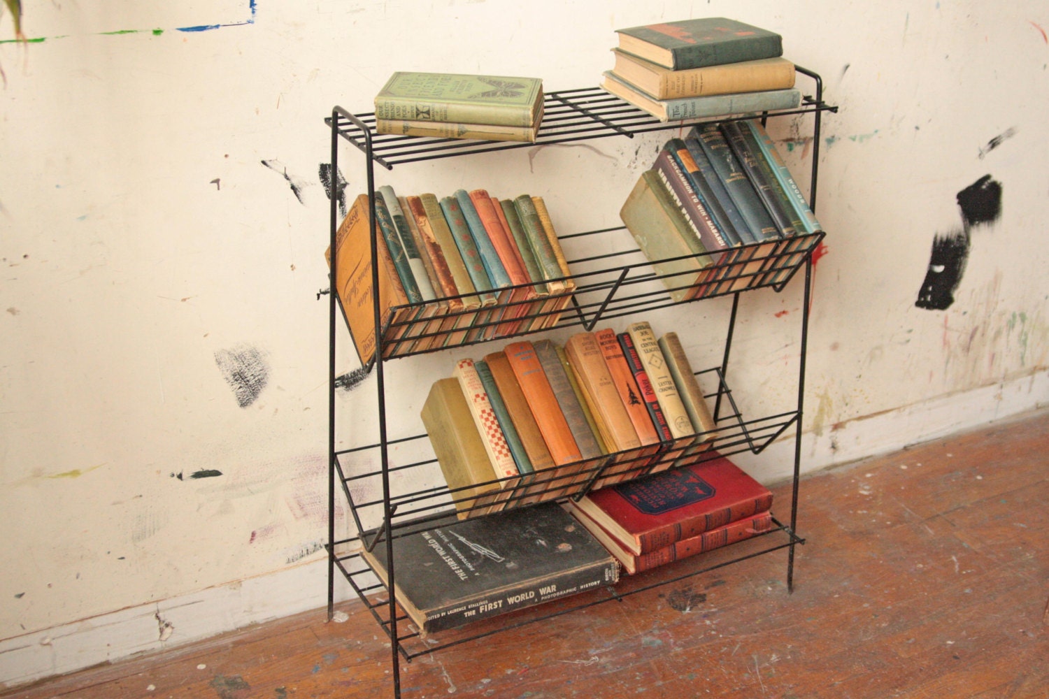 Wire Bookshelf Mid Century Modern Black Metal Shelf