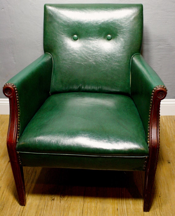 Vintage ACCENT CHAIR Green Vinyl Accent chair with Wood Trim