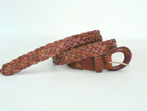 Womens Vintage Brown Skinny Braided Leather Belt Size Large