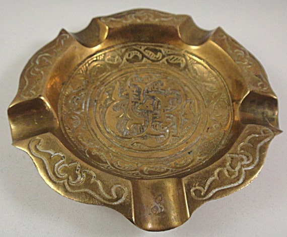 Sale Vintage Solid Brass Ashtray Ornately Embossed Made 9261