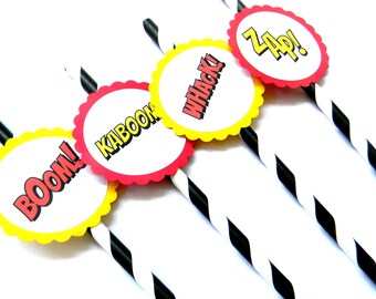 12 Superhero Actions Party Straws, Superhero Birthday, Superhero Theme, Boom, Monster Truck, Action Words, Baby Shower, Stripe Straws, Party