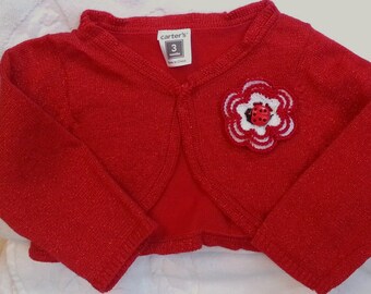 Baby Girls Ballet Bolero Red Ladybug Sparkle Sweater - Handmade Irish Rose - Red Metallic - Size 3 months