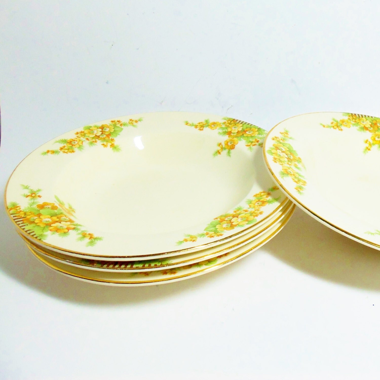 Carrollton China Set of 4 Soup Bowls Yellow Floral Gold Trim