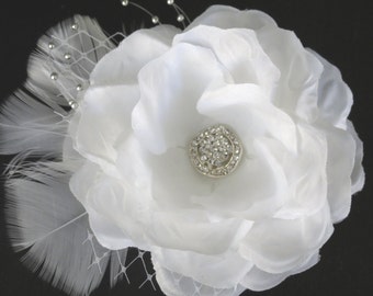 White Bridal  Flower Hair Clip  Wedding Hair Clip  Wedding Accessory Veil  Pearls Feathers