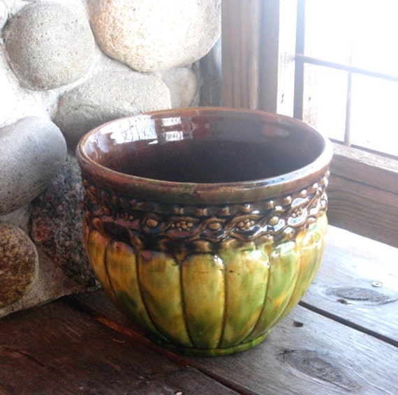 Nelson McCoy Jardiniere Green Blended Glaze with Brown