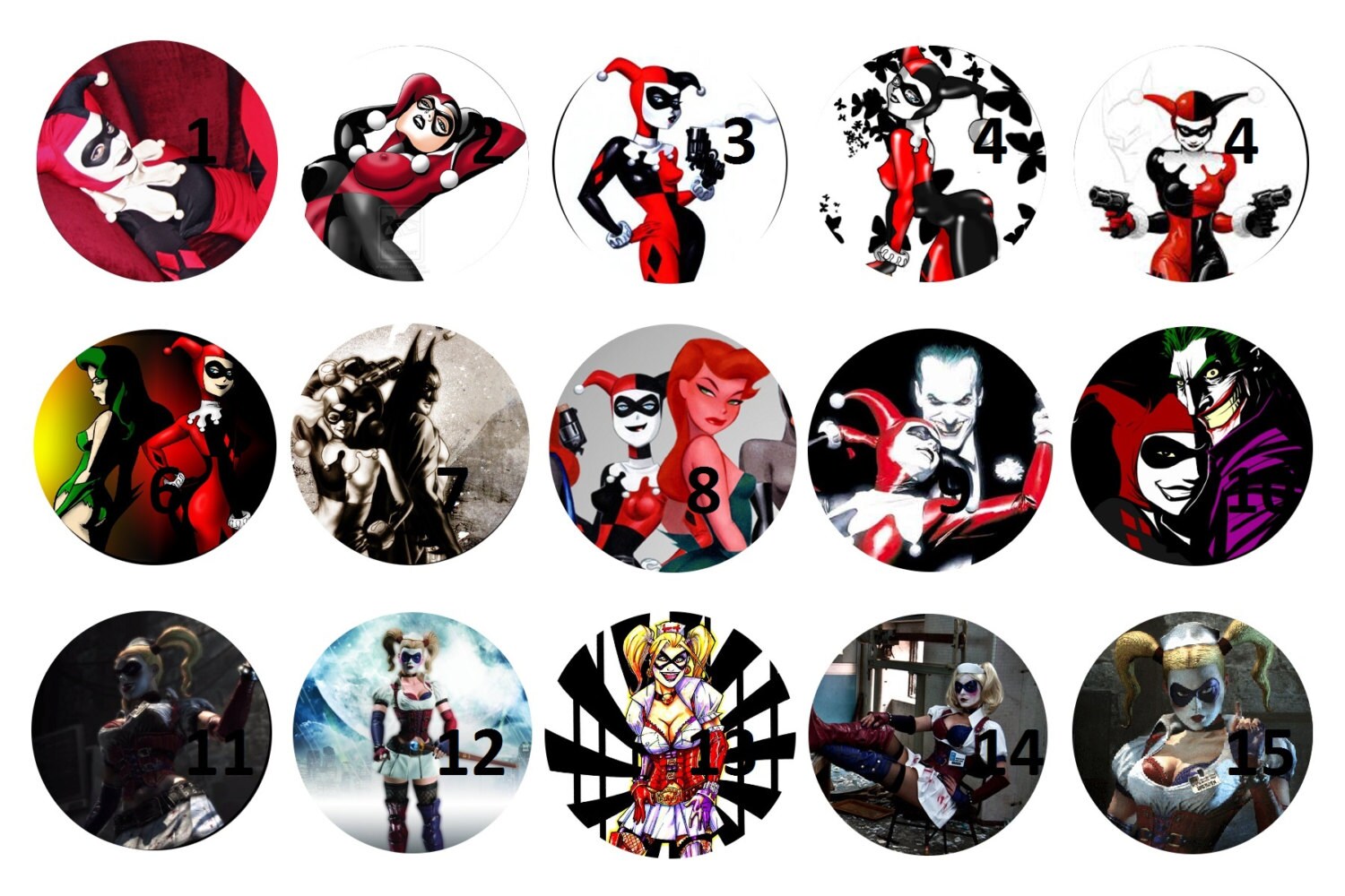 Harley Quinn. 1 inch circle images. Great for bottle caps from