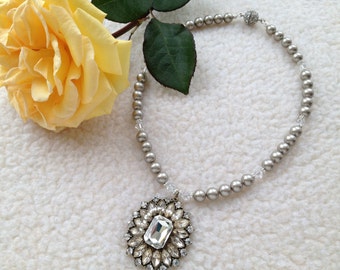 Swarovski Platinum Pearl Pendant Necklace, Women's Jewelry, Unique OOAK, Champagne, Gold, Topaz, Elegant, "Seductive"