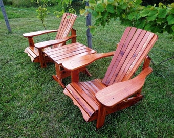 Two Red Cedar Adirondack Chairs and Table - Hand Crafted - Muskoka 