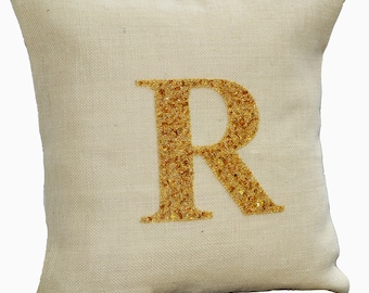 Personalized pillows, Monogrammed pillow cover, Personalized burlap pillows, Burlap pillow, Ivory gold pillow, Initial Pillow, Jute Cushion