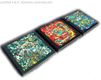 Contemporary Art Abstract Painting on canvas Pollock KSAVERA "Cuprum" 14x46x1,6 Original Popart Wall tryptic triptych midcentury modern art