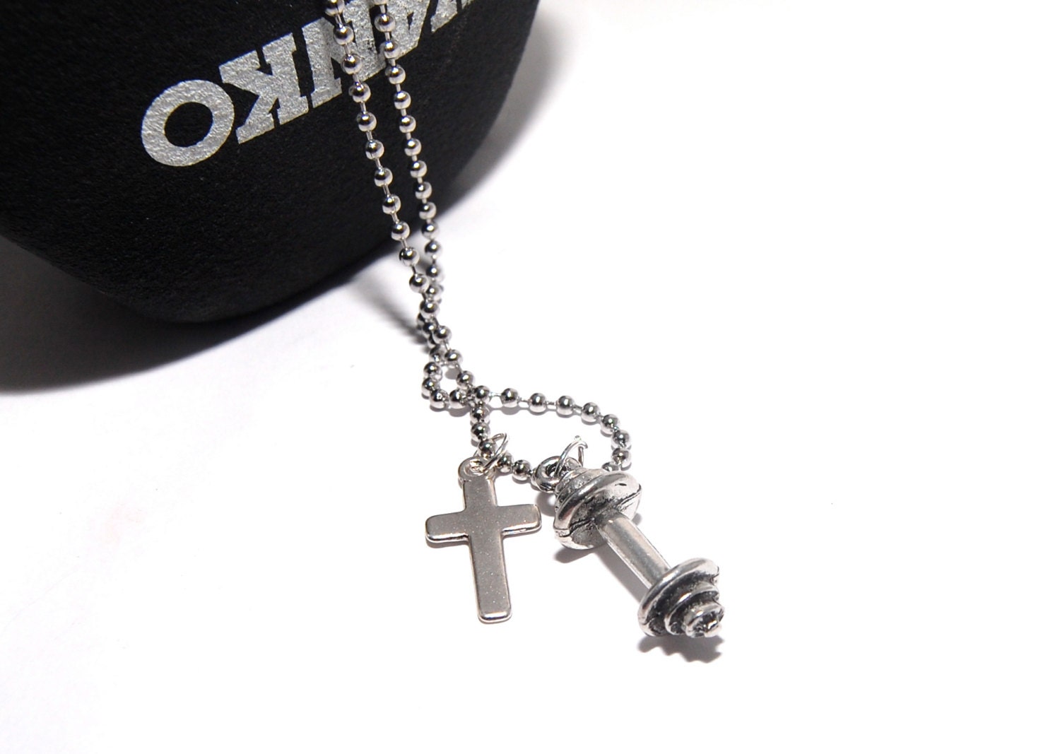Men's Weightlifting Necklace. Cross and Barbell Charm.