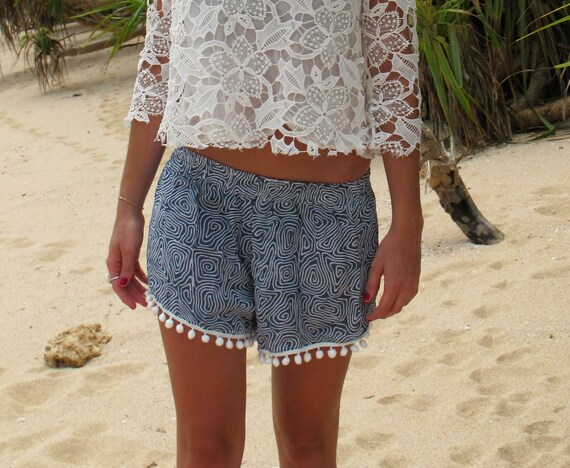 Cute Patterned Pom Pom Shorts Loose Fit Navy Print with