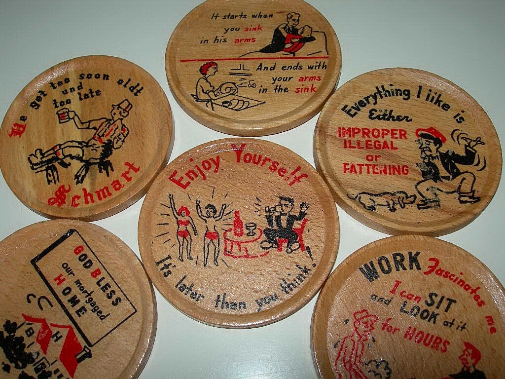 Mid Century Kitsch Humourous Wooden Cocktail Coasters in Rack Vintage