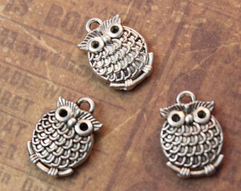 10 Owl Charms Owl Pendants Antiqued Silver Tone Double Sided 13 x 15mm