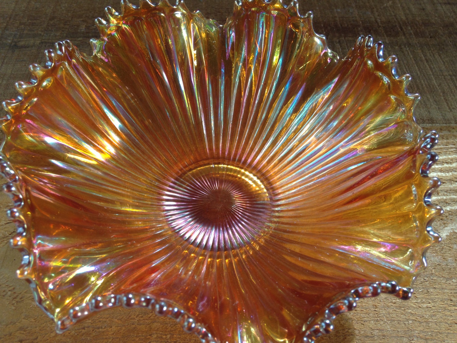 Amber Carnival Glass Bowl Vintage Scalloped And Ridged Desert 1763