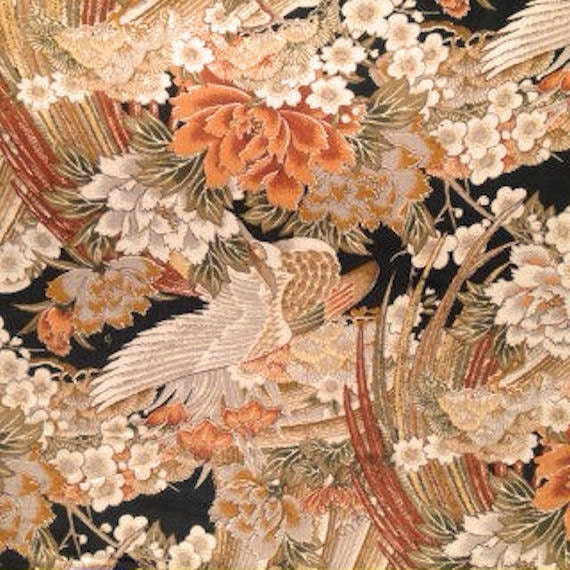 Fabric by the yard Oriental Print with birds and by JpFinds