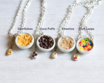 Cereal bowl necklace, cheerios, fruit loops, cornflakes, cocoa puffs, milk miniature food jewelry