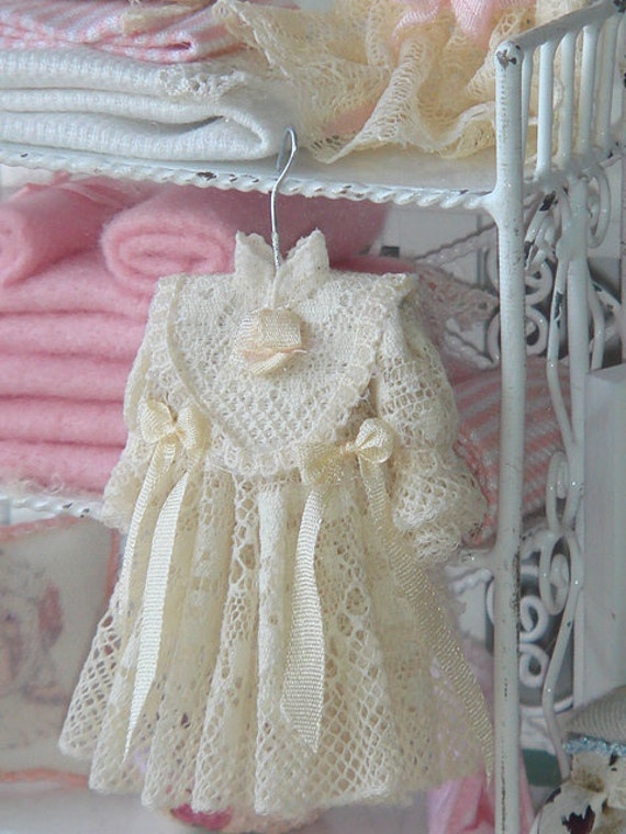 Valenciens girl dollhouse dress on hang. 112 girl dress for