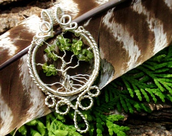 silver tree of life. wire wrapped tree. copper. peridot. wire wrapped jewelry handmade