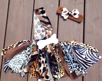 Caveman Costume - Cavegirl Tutu, Halloween Tutu, FREE hair bow - Baby caveman, toddler caveman shabby chic fabric tutu skirt