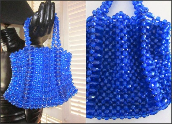 Blue Beaded Vintage Purse Handbag // Vintage 60s 1960s