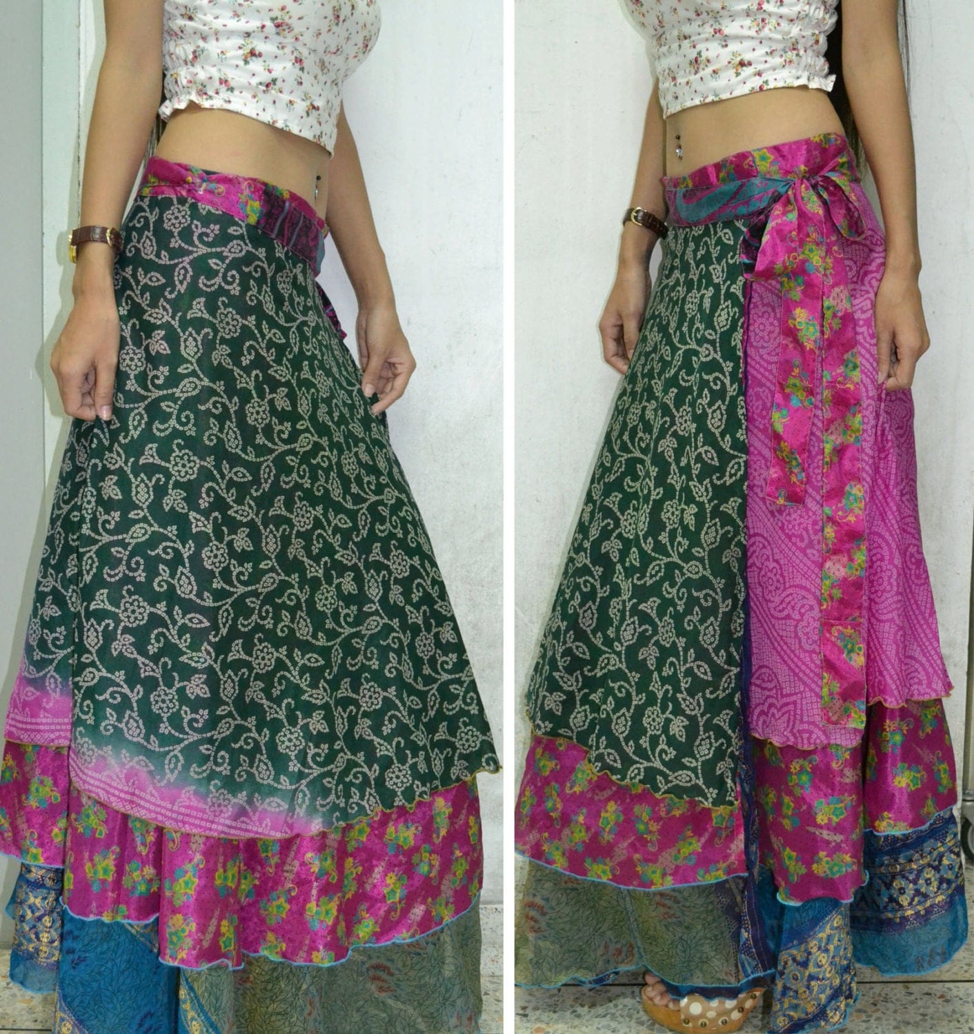 3 Layers Long Wrap Skirt India Sari Hippie Gypsy Boho Dance or