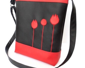Tulipe Vegan Tote, Shoulder Bag, Cross Body Bag, Gift For Women, Happy Birthday, Faux Leather Bag, Red And Black Tote, Tulipe Pattern, Gift