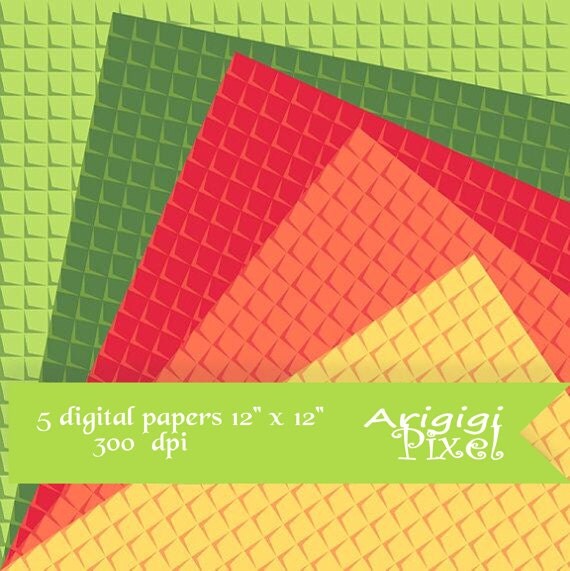 instant download - bright colors digital collage sheet - geometric patterned scrapbooking papers red, green, orange, yellow Il_570xn