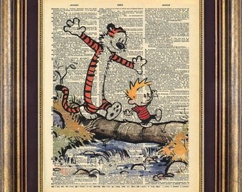 Calvin and Hobbes 1 Walking on Log Print Vintage Dictionary Page Up Cycled
