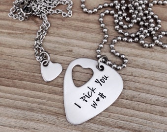custom Hand stamped guitar pick necklace with cut out heart necklace I pick you his and her set stainless steel