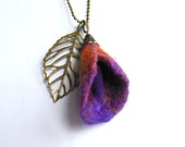 Felted necklace with leaf, pendant necklace, hand felted  felt, orange, violet, purple