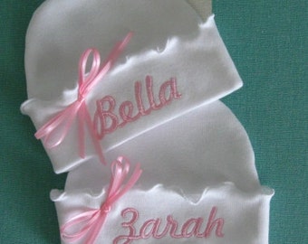Personalized Custom Boutique Girly Girl RUFFLED NEWBORN HATS, Two Hats for Twins, Baby Hospital Hat, Beanie Hat, Name Reveal