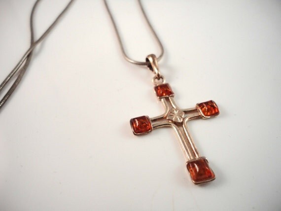 AMBER CROSS NECKLACE Pendant on Sterling Silver Chain