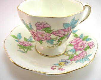 Antique Foley Tea cup and saucer set, Yellow with Bouquet of flowers, Handpainted tea cup and saucer,Fine Bone China, English tea set