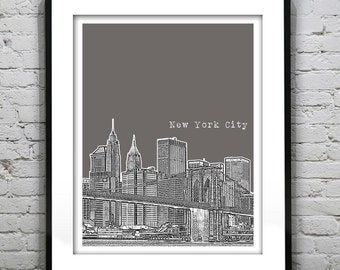 New York City Skyline Art Print Poster NYC Brooklyn Bridge Version 4 Manhattan