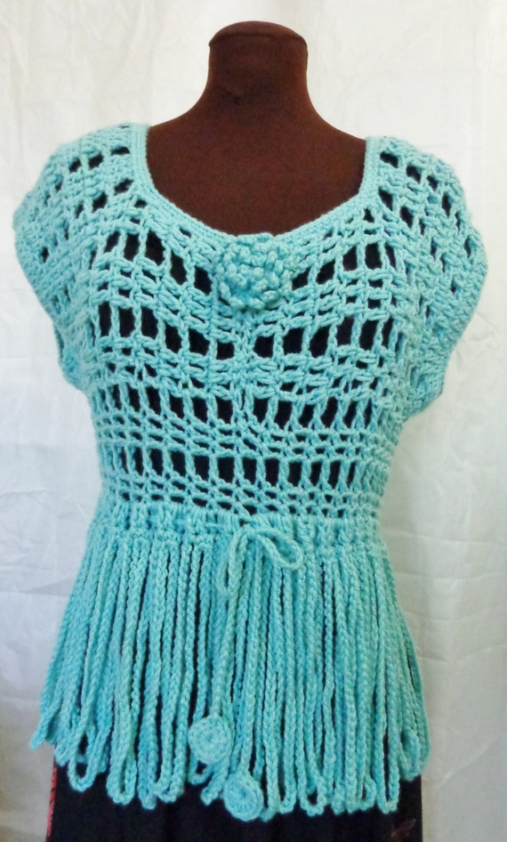 Items similar to Crochet fringe top with adjustable waist string. Aqua