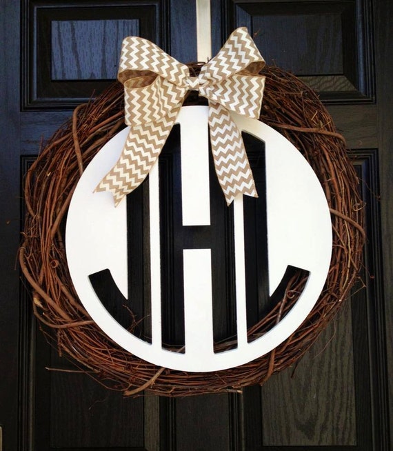 Monogram wreath // Year round wreath // Circle Monogram Wreath // Grapevine monogram wreath // Chevron bow // White