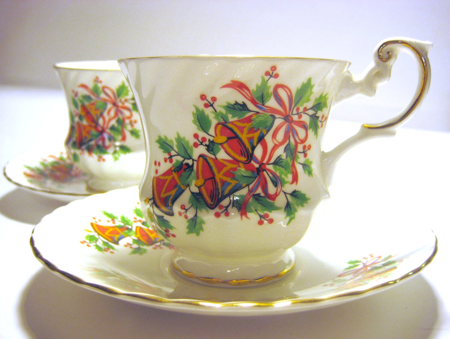 Rosina China Teacups and Saucers Christmas Bells 2 each