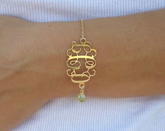 Peridot Jewelry Monogram Bracelet 1.2 inch - Personalized Monogram - 18K Gold Plated - 3 letters any birthstone