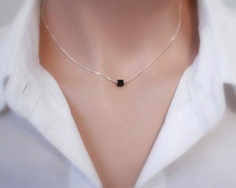 Tiny Black Onyx Cube Pendant Sterling Silver Necklace, Black Cube Pendant on Sterling Silver Necklace Chain