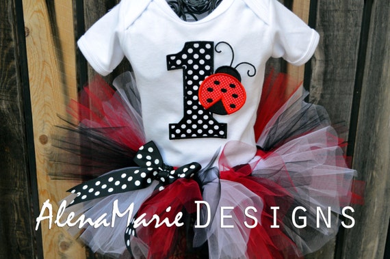 Little Lady Bug Custom 1st Birthday Tutu Outfit - Red, Black & White Tutu And Poka Dot Bow, Number 1, Lady Bug With A Matching Hair Bow