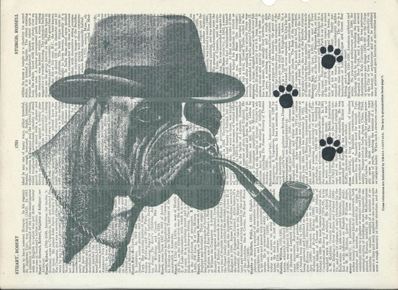 Book Print Detective Boxer Dog on Vintage Upcycle Book Print Art Print Dictionary Print Collage Print