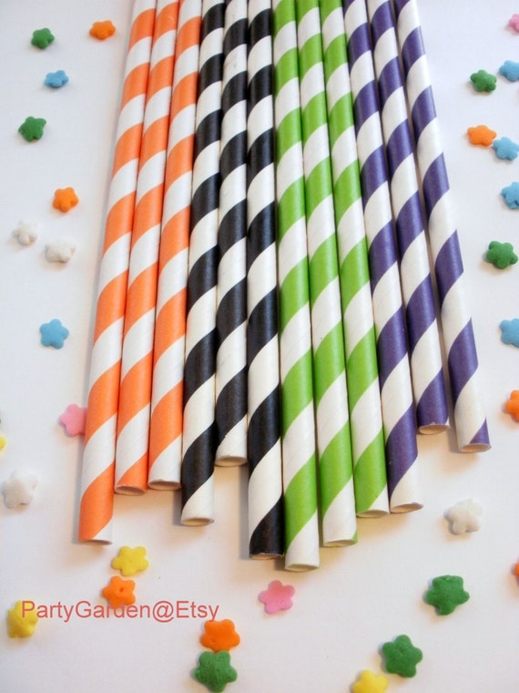 25 Black Orange Lime Purple Halloween Striped Paper Straws - With Free Printable DIY Flags Il_570xn