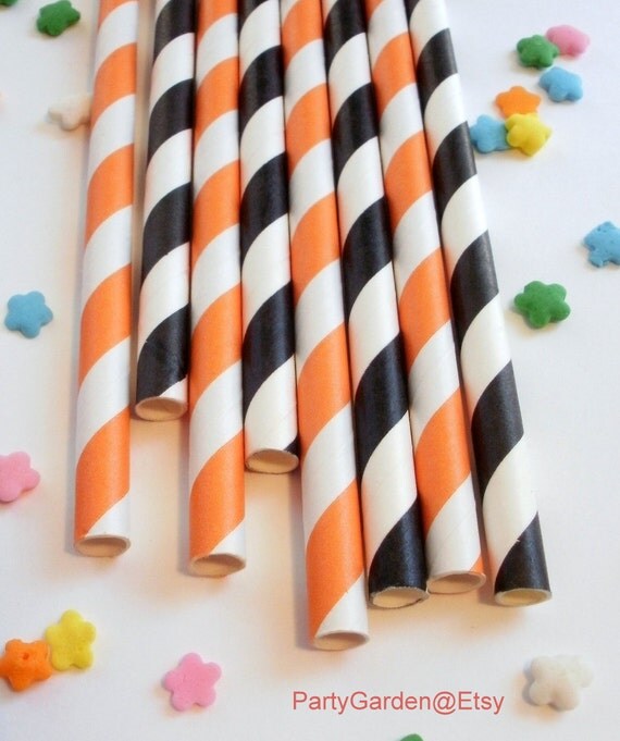 25 Black and Orange Halloween Striped Paper Straws - With Free Printable DIY Flags Il_570xn
