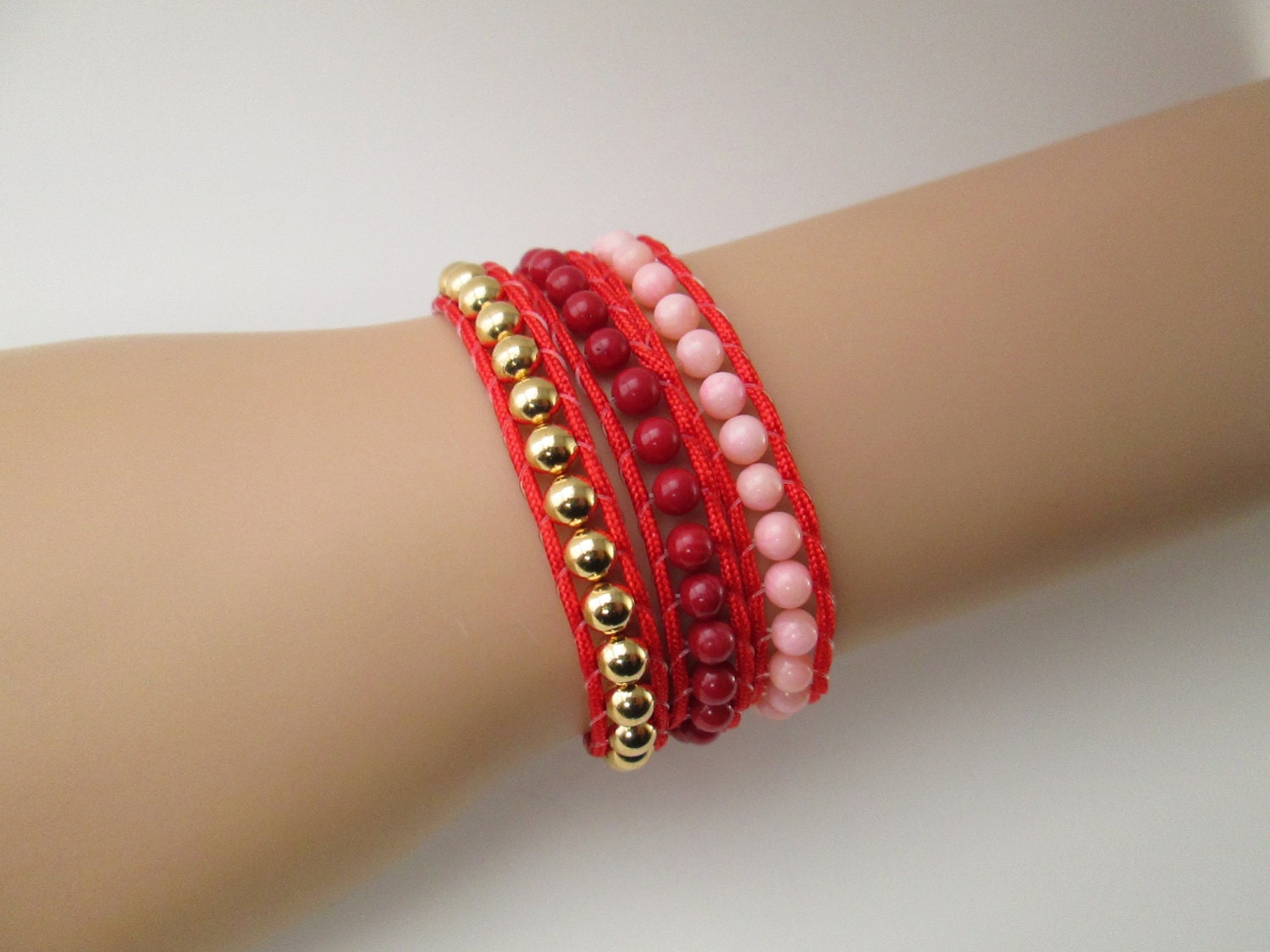 Boho Style 3X Macrame Wrap Bracelet with Coral and Gold Tone