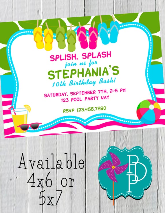 Flip Flop Pool Party Birthday Invitation Printable 4x6 or 5x7