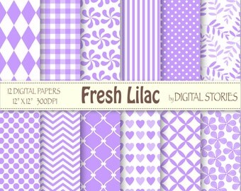SALE 50% Lilac Basic Digital Scrapbook Paper Pack: "FRESH LILAC" with hearts, dots, flower, plaid, chevron elements