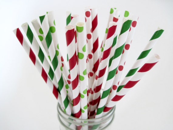 Christmas Red and Green Paper Straw Mix - Stripe & Dot - ships less than 24 hours Il_570xn